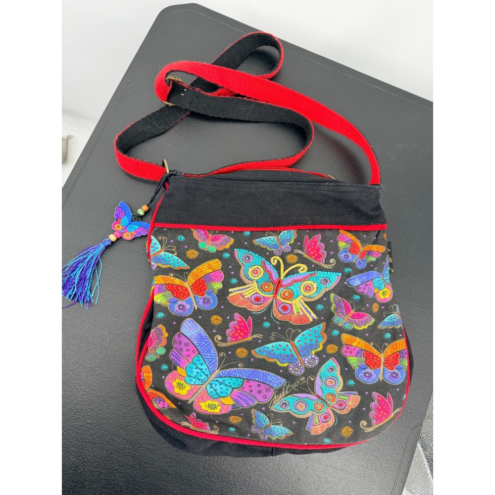 Laurel Burch Butterfly Canvas Crossbody Bag Black Red Multicolor Artistic Boho